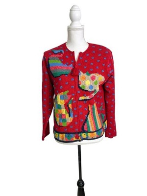 Vtg Susan Bristol Cardigan Women s Medium Patchwork Cat Fish Colorful Zip Tassel