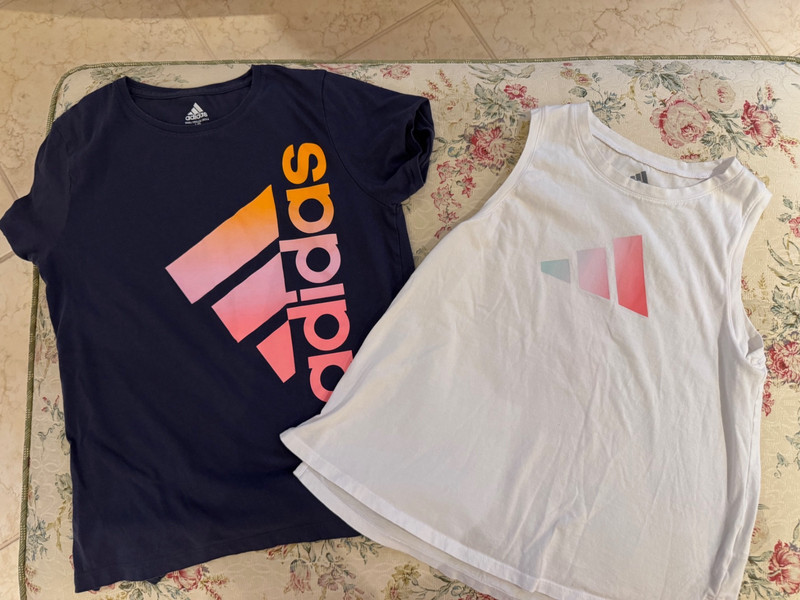 Lot of 2 Adidas BLUE WHITE LOGO SHIRT Girls 14 L Short Sleeve Athletic Tops Slit
