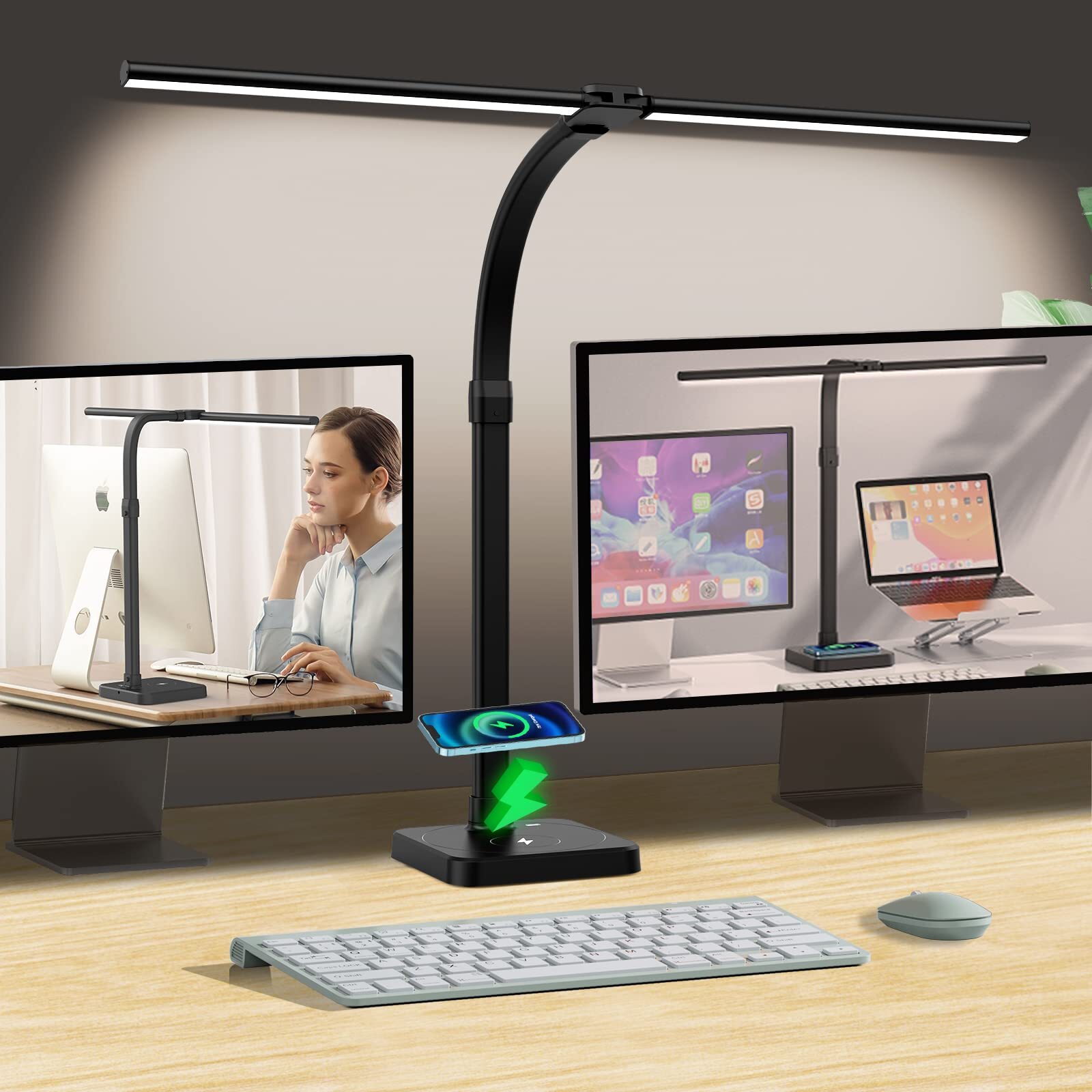 LED Desk Lamp for Home Office, Double Head 24W with USB Charging Port & Wirel...