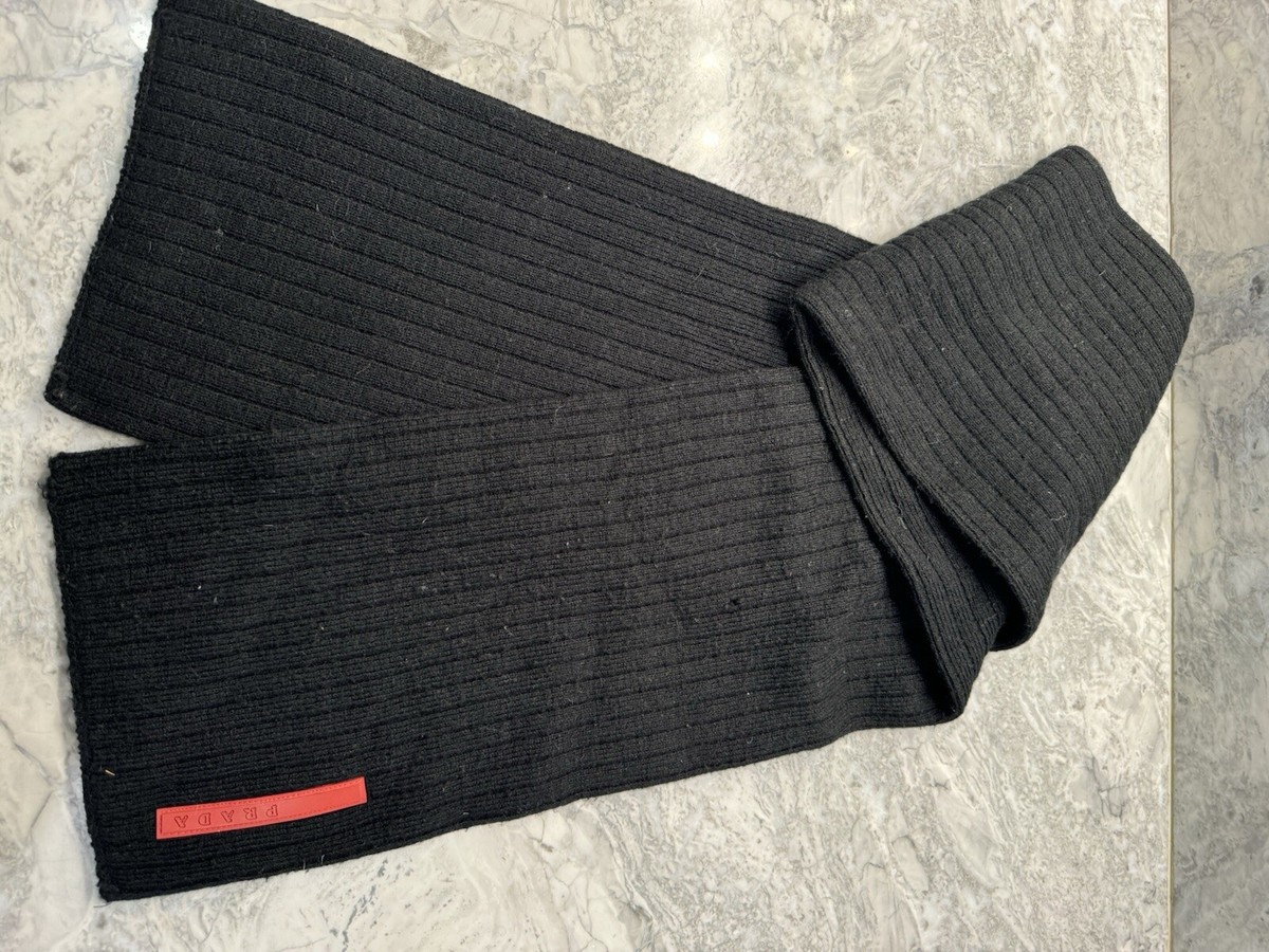 PRADA BLACK RIBBED KNIT SCARF WITH RED/Rubber RETRO LABEL CLASSIC