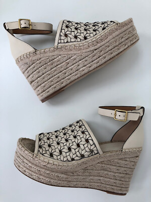 NIB Tory Burch US 9 Basketweave Leather Wedge Espadrille Strap Sandals  Cream New | eBay