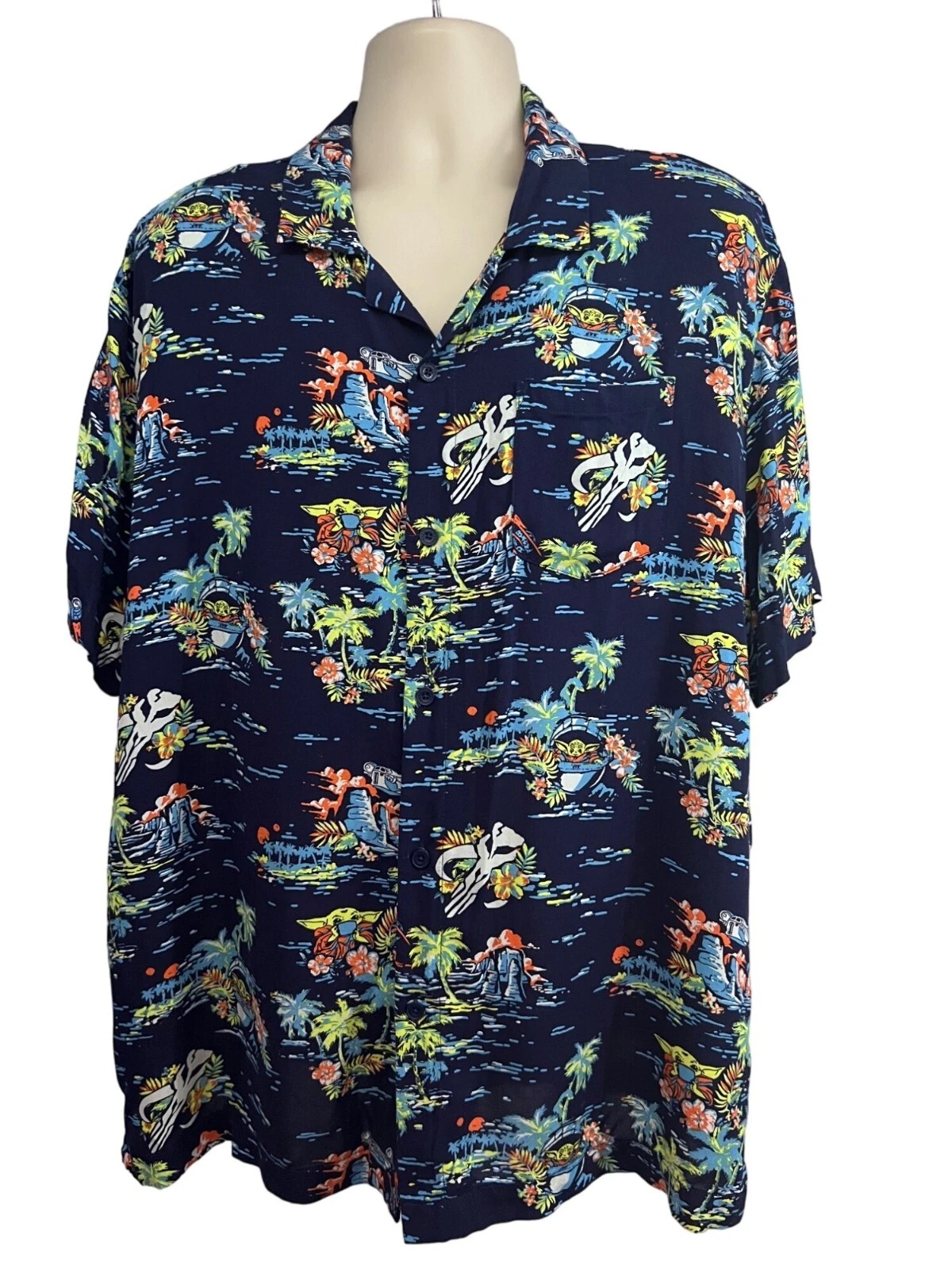 Star Wars Mandalorian Grogu Baby Yoda Blue Hawaiian Button Up Shirt 2XL Pocket
