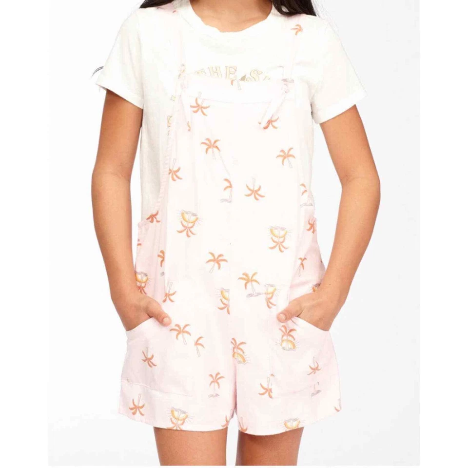 Macacão Billabong Kid’s Running Wild Palm Print novo com etiquetas rosa macio (tamanho L/12)  - Imagem 2 de 4