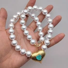 12mm Sea Shell Pearl Gold Plated Brushed Heart Quartz Pendant Choker Necklace