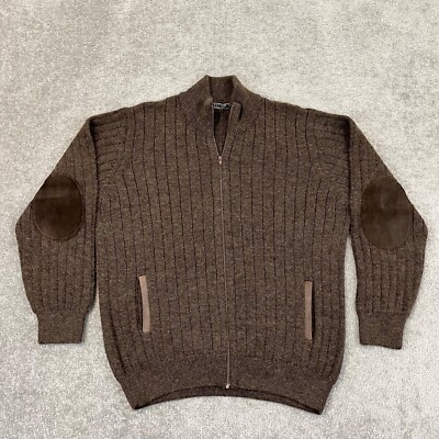 PERUVIAN CONNECTION Sweater Mens Large Brown Baby Alpaca Wool Elbow Patch  Zip