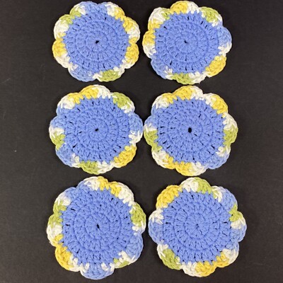 Handmade Crochet Round Coasters 4 Inch Set of 6 Cotton Blend Yarn