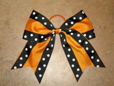 NEW "Double Dots BLACK  ORANGE" Cheer Bow Pony Tail Ribbon Hair Cheerleading