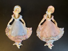Vintage Pair of Girls 7  Wall Hangers Pink and Blue Dresses Hand Painted
