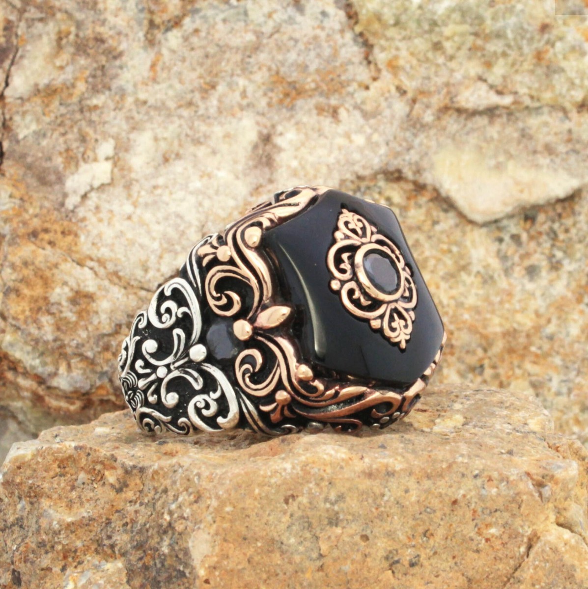 Solid 925 Sterling Silver Custom Cut Onyx Stone Men's Ring