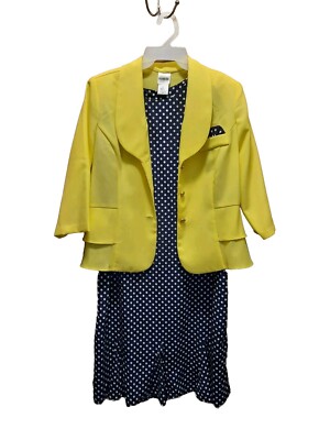 Vtg Bedford Fair Dress Jacket Set Womens 16 Navy Dots Dress Yellow Jacket 