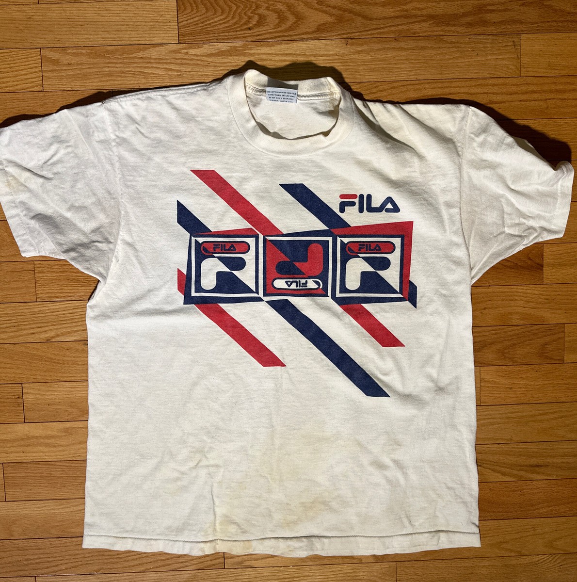 稀少　80s vintage FILA ITALY つなぎ　レトロ　古着　個性的 VTG FILA 1980's Single Stitch Tee Rare White Adult X Large Made In