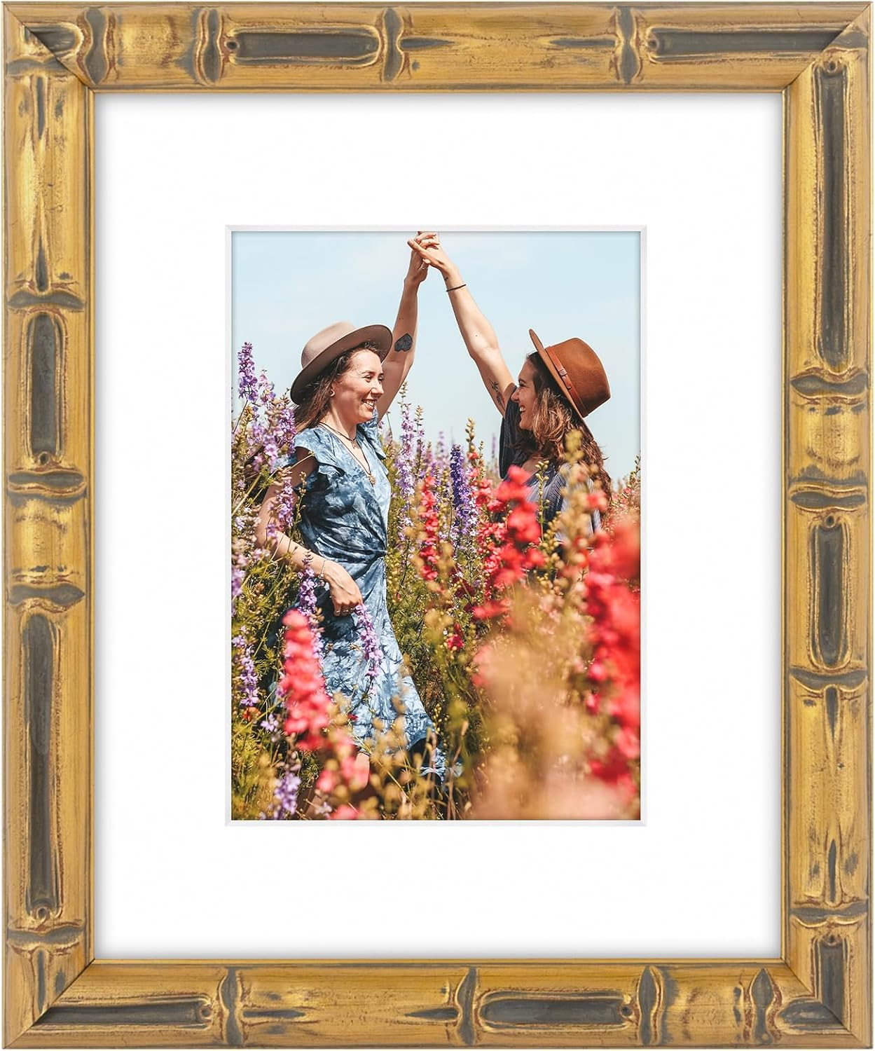 , 8X10 Bamboo Style Picture Frame with White Mat for 5X7 Photo,Color Gold with D