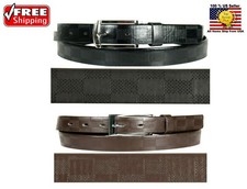 MEN BLACK / BROWN LEATHER BELT EMBOSS CHECKERS CHROME METAL BELT BUCKLE