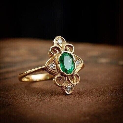 Oval Cut Simulated Green Emerald Stunning Engagement Ring 14K Yellow Gold Plated - Picture 2 of 5