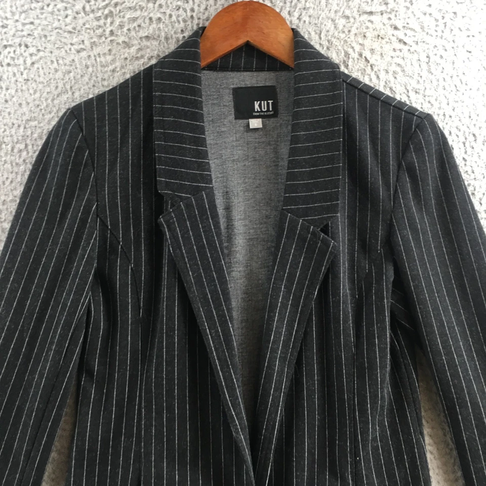 KUT From The Kloth Pinstripe Open Front Blazer Jacket Womens S Black Long Sleeve - Image 2 of 4