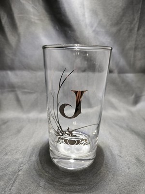 Rare Vintage 6 Ounce Drinking Glass ''J'' Momogram MID CENTURY Silver Gold
