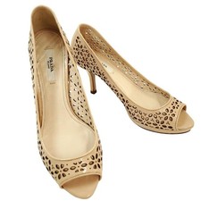 Prada Open Toe Cutwork Punching Leather Beige Women's Shoes Size EU35/US5