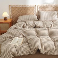 Gingham Duvet Cover Queen Size 100 Washed Cotton Brown Tan Plaid Checkered C...