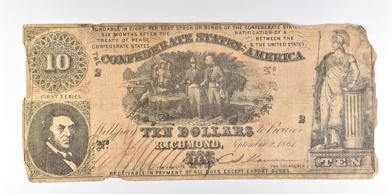 1861 $10 Confederate States Of America T-30 Large Note a8567