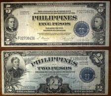 Philippines 2, 5 Pesos Victory 1944 lot of 2