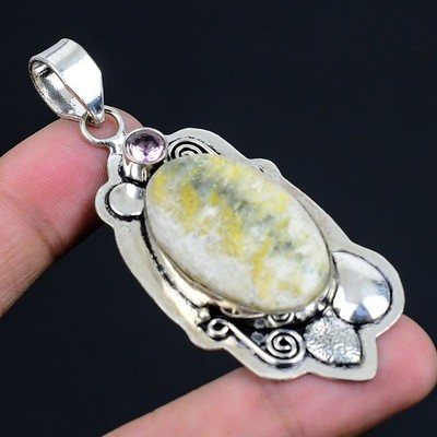 Bumble Bee Jasper, Pink Kunzite Gemstone 925 Sterling Silver Pendant 2.76'' b659