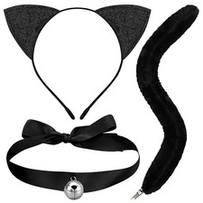 3 PCS Black Cat Costume Accessories Set for Women Black Cat Ears Headband Long