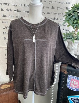 DG2 Diane Gilman Espresso M Metallic Downtime Boxy Stretch Knit Top T-Shirt New