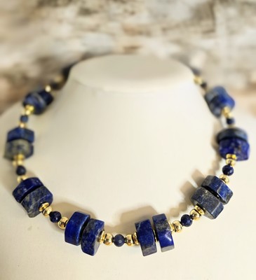 Large Lapis Lazuli Heavy Wheel Stones For Earthy Look In Gold Plated Necklace 