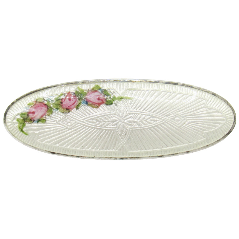 VINTAGE STERLING SILVER .925 OVAL GUILLOCHE WHITE PINK FLORAL DAINTY PIN BROOCH