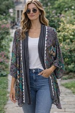 Umgee Open Front Kimono Cardigan Medium/Large Bright Boho Lightweight