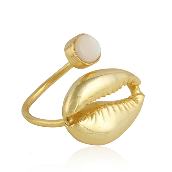 Mother Pearl Gemstone 925 Silver Gold Plated Cowrie Design Summer Ring - Product main view