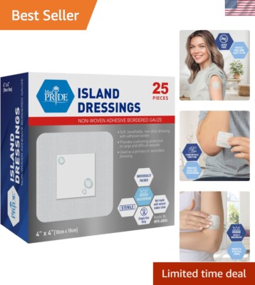 Comfortable Adhesive Island Bandages - 25 Individually Packed 4x4 Dressings