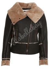 Topshop Brown Real Shearling Sheepskin Lined Aviator Pilot Flying Jacket Uk12