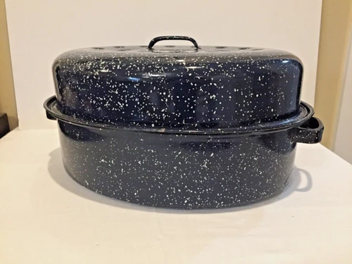 Vintage Large Blue Speckled Enamelware Roasting Pan with Lid