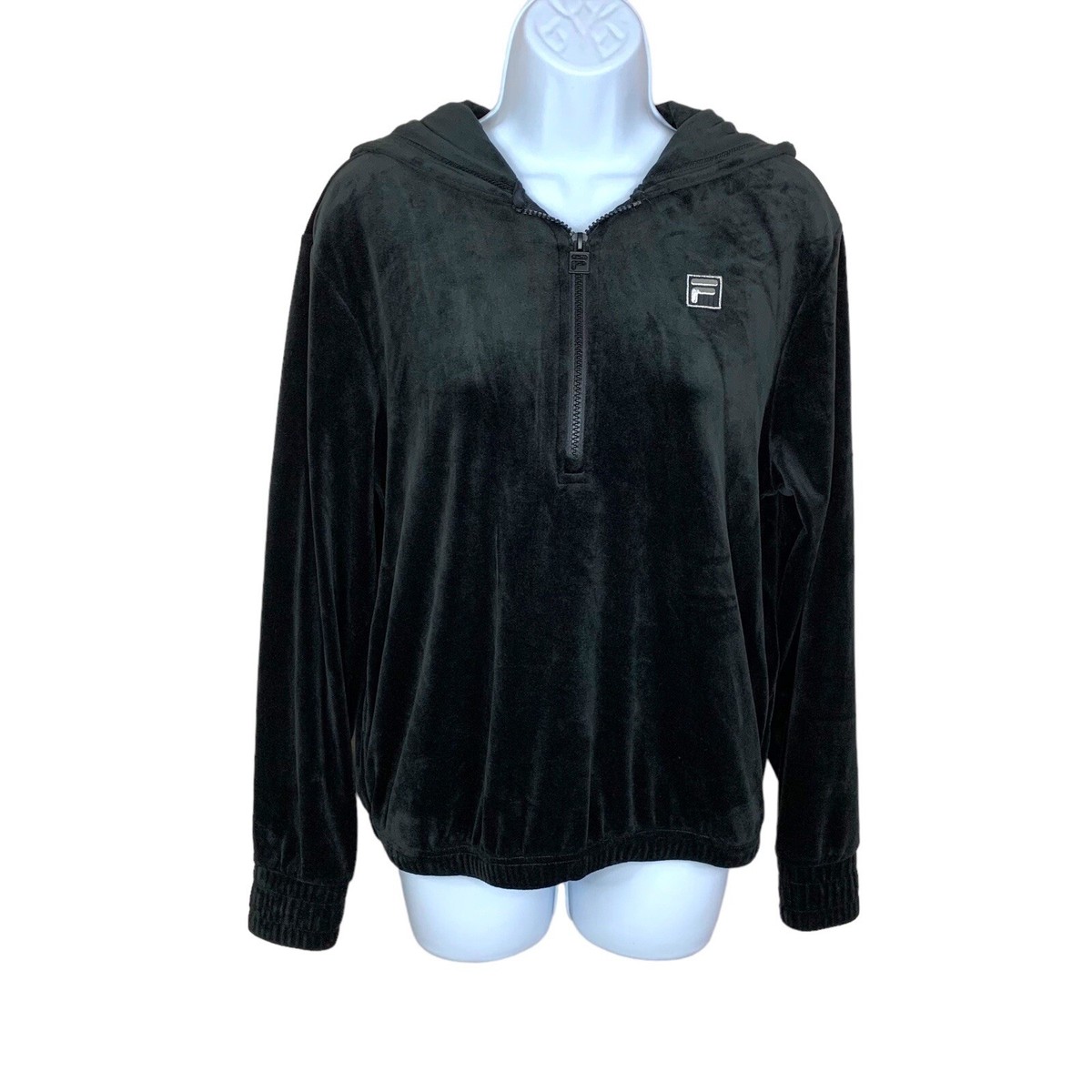 Vintage Fila Black Velour Pullover Hoodie Long Sleeve 90s Small Soft