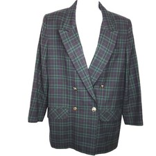 Vintage Wool Plaid Tartan Blazer Sz 8 Double Breasted Green Navy Blue