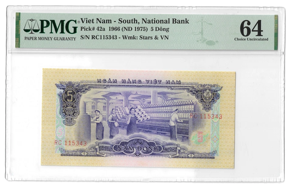 Billete de banco Viet Cong - Batalla - VIETNAM 5 Dông 1966 P42a Elección UNC PMG 64 - C.91 Foto 2 de 4