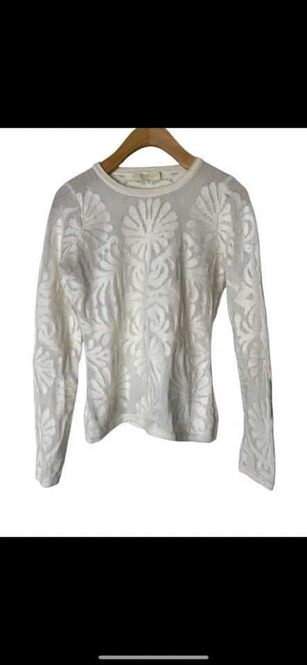 Camisa Blanca Ulla Johnson Encaje Bordado Tribal Malla Manga Larga Cuello Redondo Pequeña Foto 3 de 4