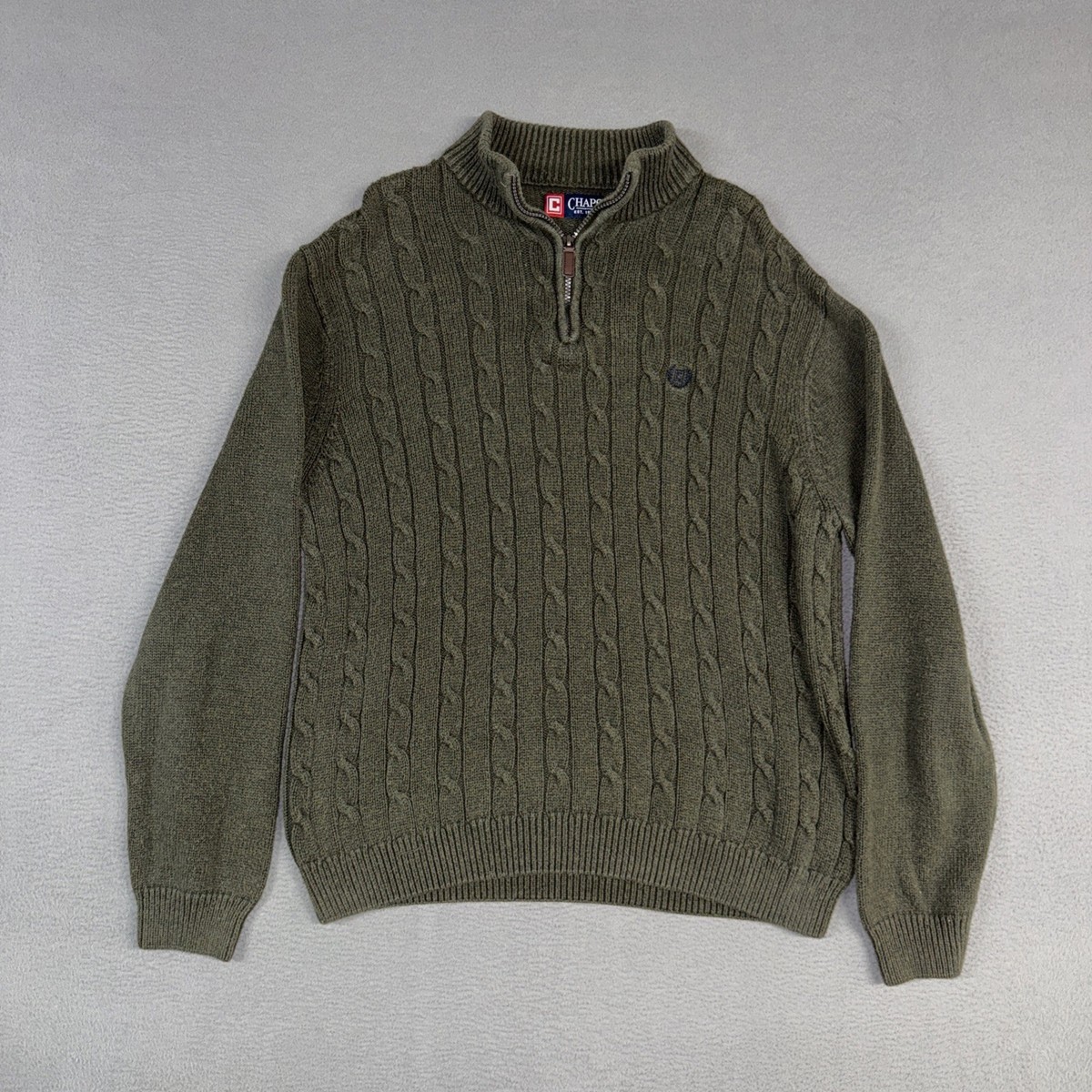 Chaps Sweater Mens Large Green Quarter Zip Cable Knit Stretch