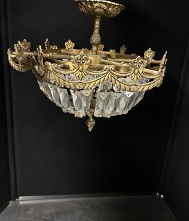 Antique Vintage Brass & Crystals Chandelier Ceiling Fixture MCM