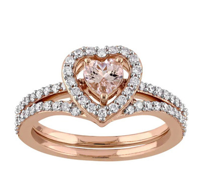 2ct Heart Created Peach Morganite Engagement Ring Set Halo 14k Rose Gold Plated