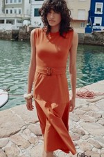 Zara Contrast Midi Dress with Belt Dark Orange Size XS NEW with Tags