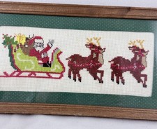 Framed Christmas Needlepoint - Santa Claus Driving His Sleigh Reindeer Pulling