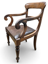 Antique Wooden Scroll Arm Chair Brown Faux Leather Seat Desk Carver Chair