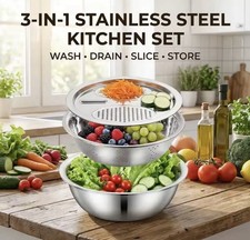 3 in1 Vegetable Slicer Grater Drain Basket Salad Maker Bowl Stainless Steel