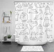 Cute Funny Cartoon Black and White Cat Shower Curtain Bathroom Accessories Set
