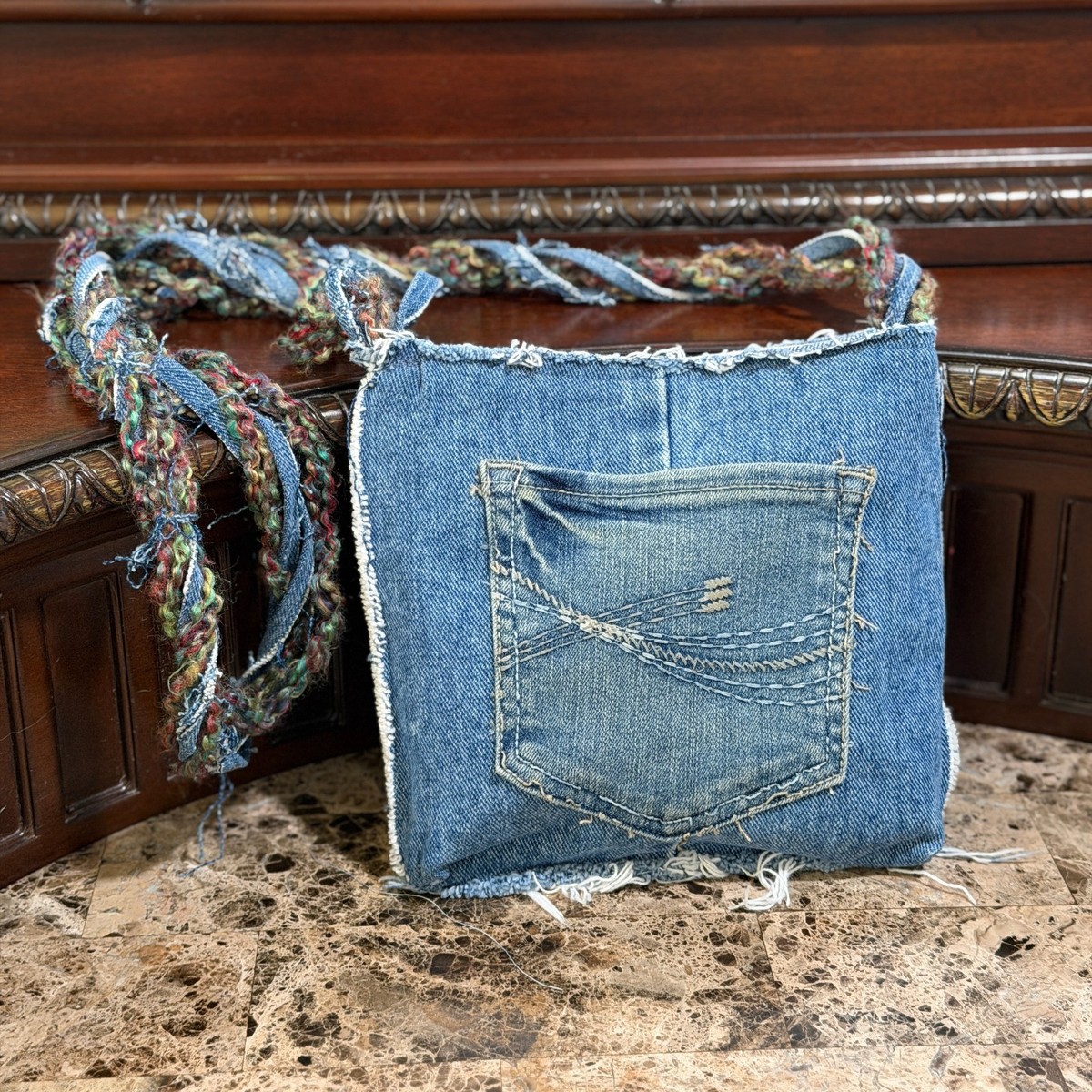 Upcycled Denim Crossbody Bag Handmade Purse w/ Pocket & Magnetic