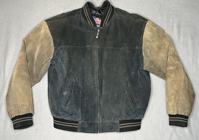 Vintage USA Leather Suede Bomber Jacket Mens Medium Black & Tan Lined Pocketed