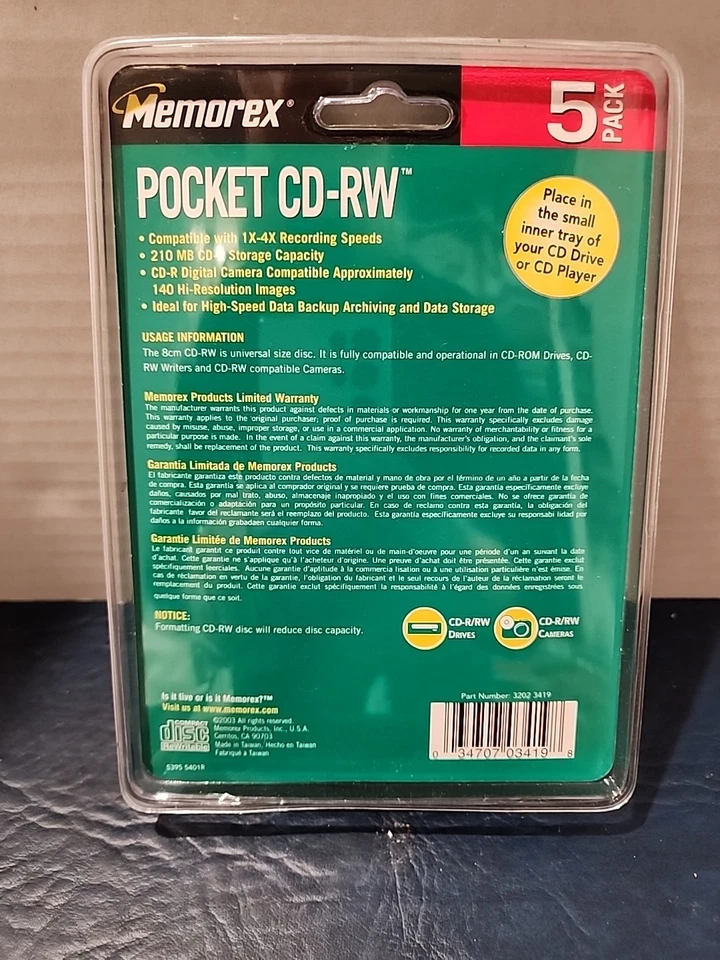 New! Memorex 5 Pack Pocket CD-RW 8cm Rewritable Discs 4x Speed 24 Minute Sealed  - Image 2 of 2