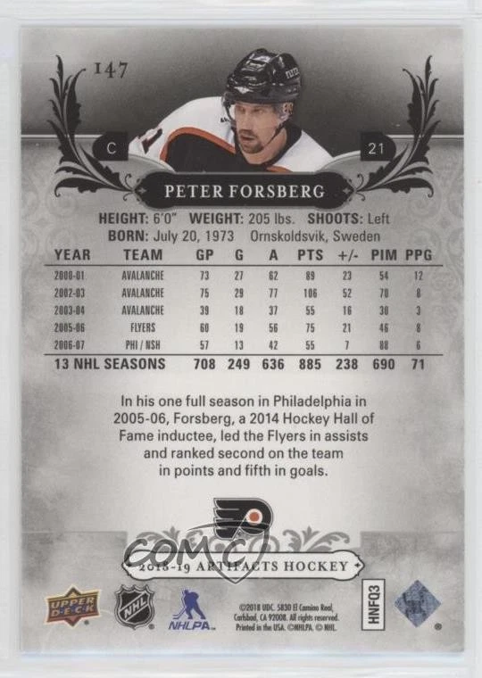 2018-19 Upper Deck Artifacts Legends Ruby /349 Peter Forsberg #147 HOF - Image 2 of 2
